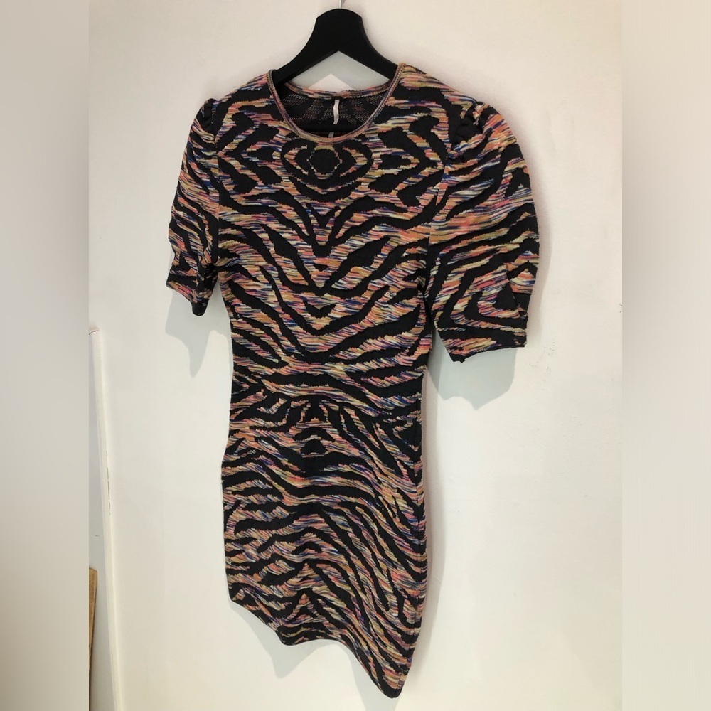 Free People Multicolored Ruched Sheath Dress with Puff Sleeves for Night Out